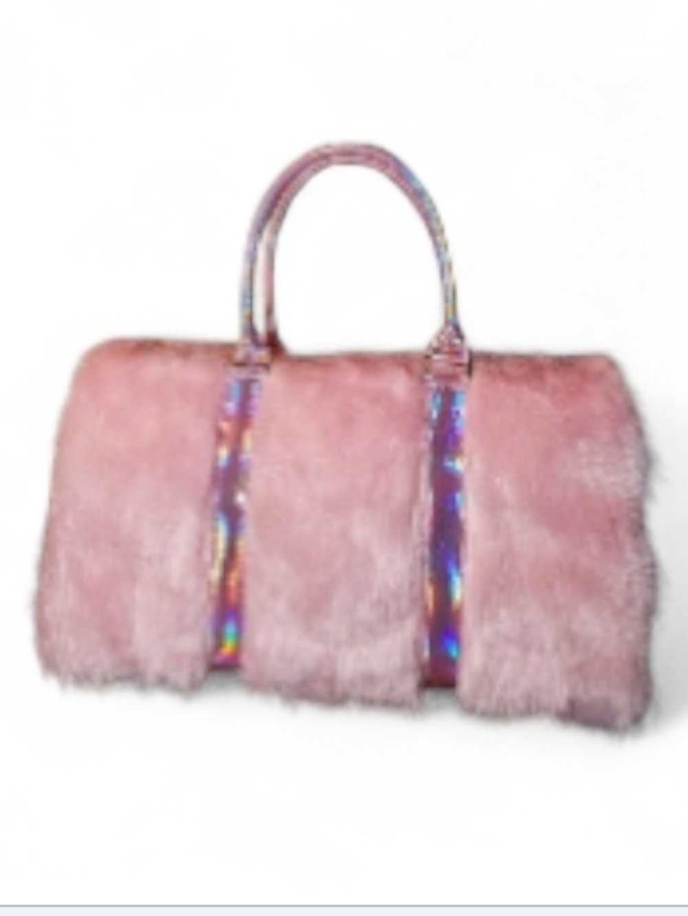 Plush Pink Faux Fur Travel Tote with Holographic Straps